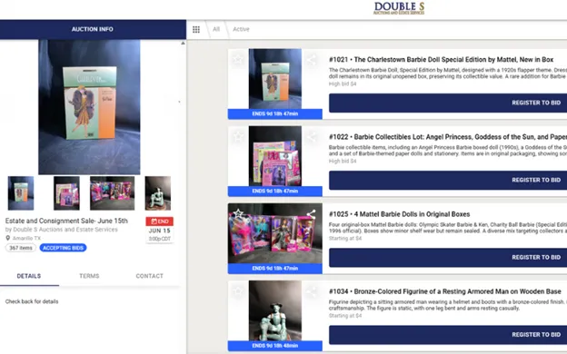 Screenshot of Double S Auctions website homepage featuring current estate sales