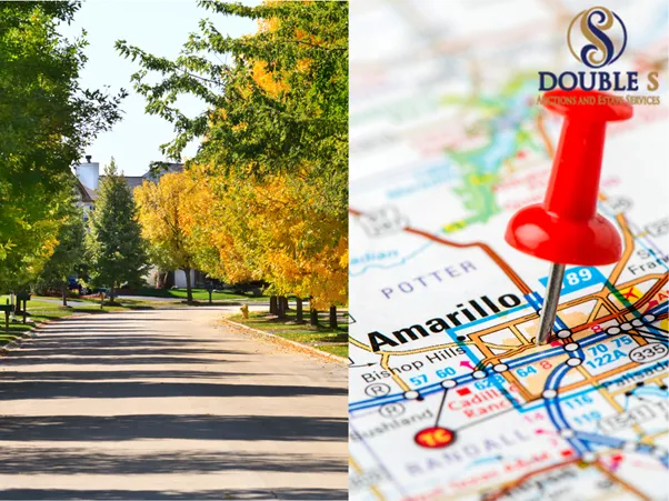 Collage of a tree-lined Amarillo TX residential street and a map pinpointing the Amarillo location for Double S Auctions